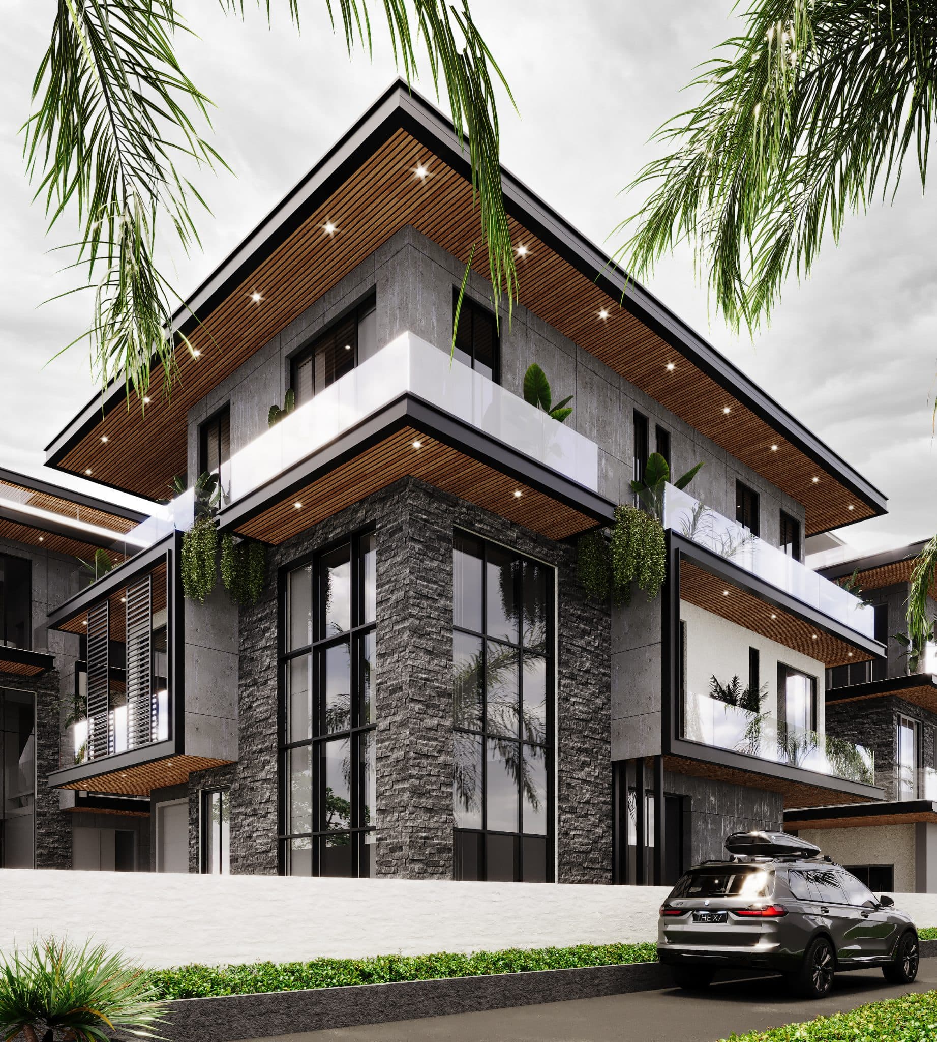 Houses under construction with roofing in progress